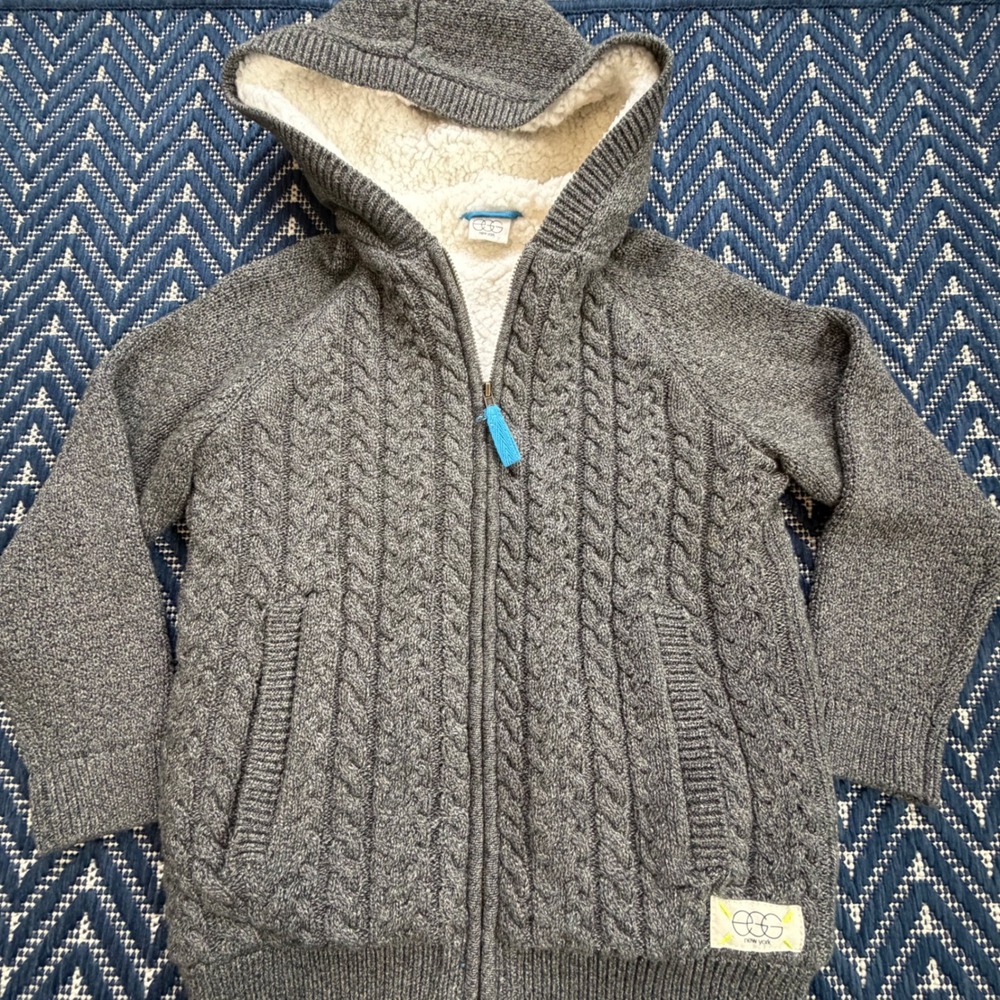 Egg New York Cable Knit Sherpa Lined Full Zip Hoodie Kids Size 6 Grey Marl